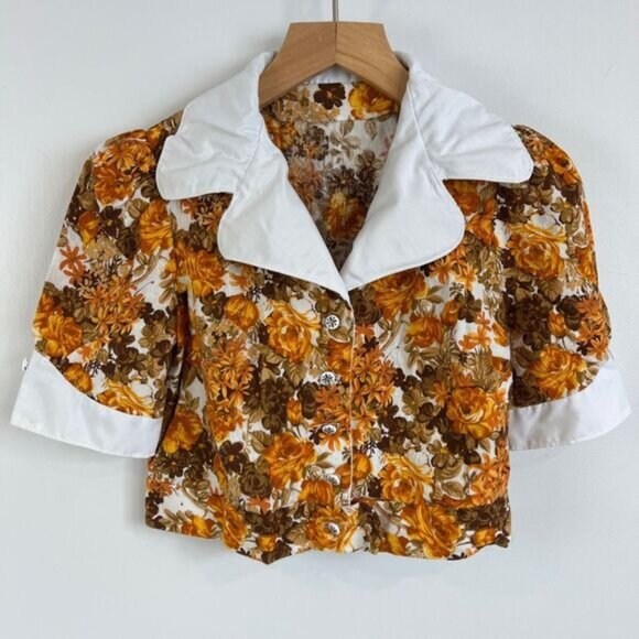 VTG Handmade Women Small Brown White Floral Collared Babydoll Cropped Top Blouse - Picture 10 of 14